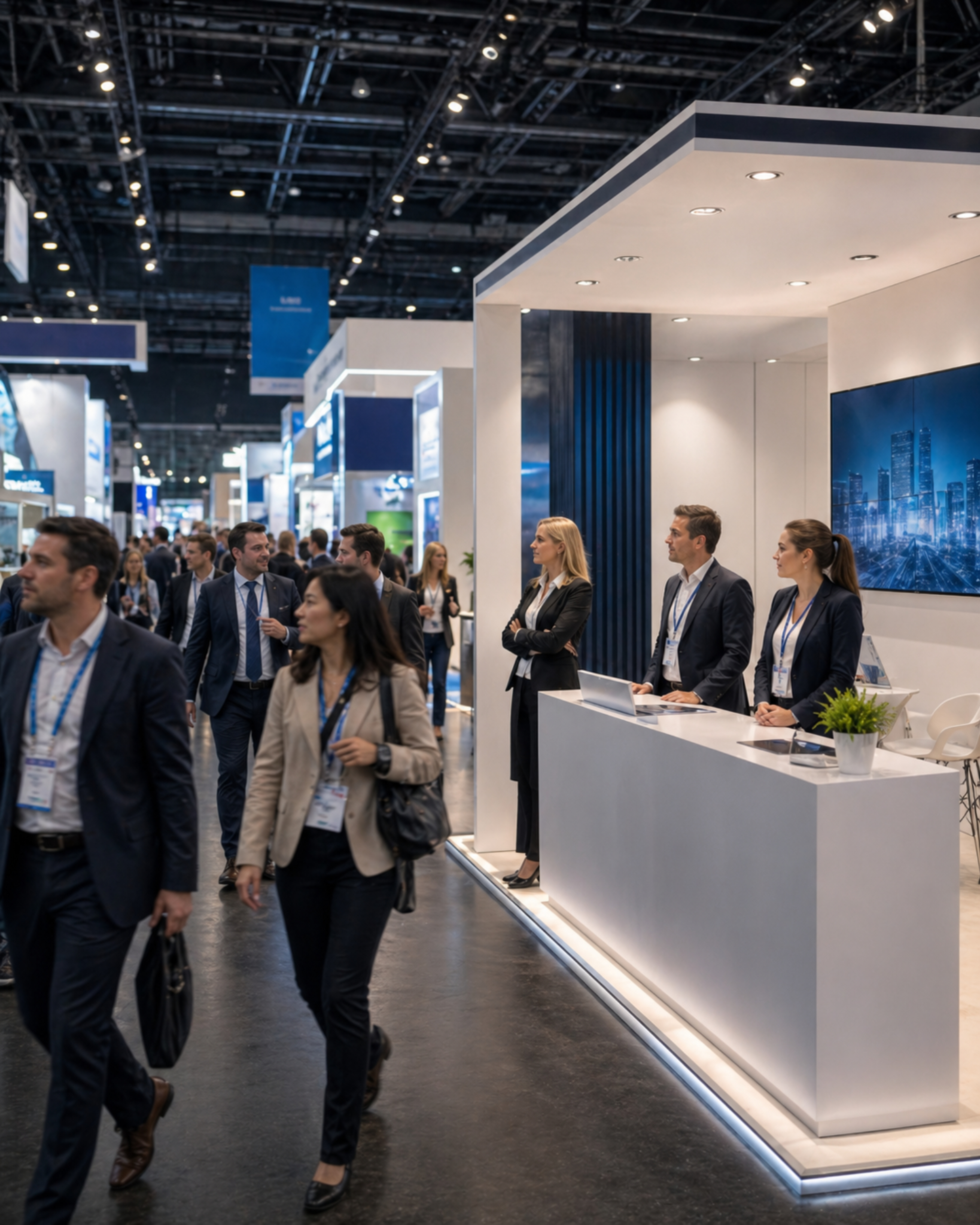 Menschen laufen an einem Messestand vorbei